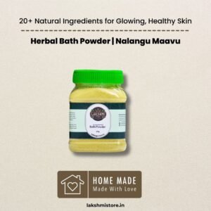Nalangu Maavu Herbal Bath Powder from Lakshmi Store, showcased with headline 'Herbal Bath Powder: 20+ Natural Ingredients for Glowing, Healthy Skin.