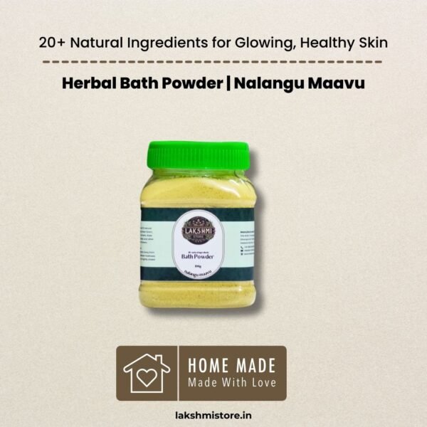 Nalangu Maavu Herbal Bath Powder from Lakshmi Store, showcased with headline 'Herbal Bath Powder: 20+ Natural Ingredients for Glowing, Healthy Skin.