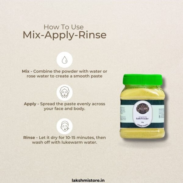 Illustrated guide showing how to mix, apply, and rinse Nalangu Maavu, enhancing skin care routines with natural ingredients.