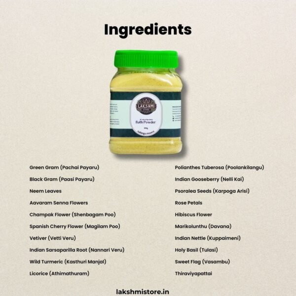 Comprehensive display of over 20 natural ingredients used in Nalangu Maavu from Lakshmi Store, including turmeric, neem, hibiscus, and more, showcasing the richness and diversity of the herbal blend.