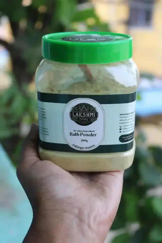 Lakshmi Store Nalangu Maavu herbal bath powder in eco-friendly packaging